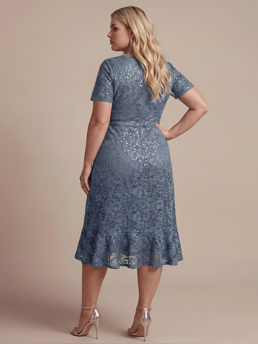 Sequin Lace Puff Sleeve Wedding Guest Dress #color_Dusty Blue