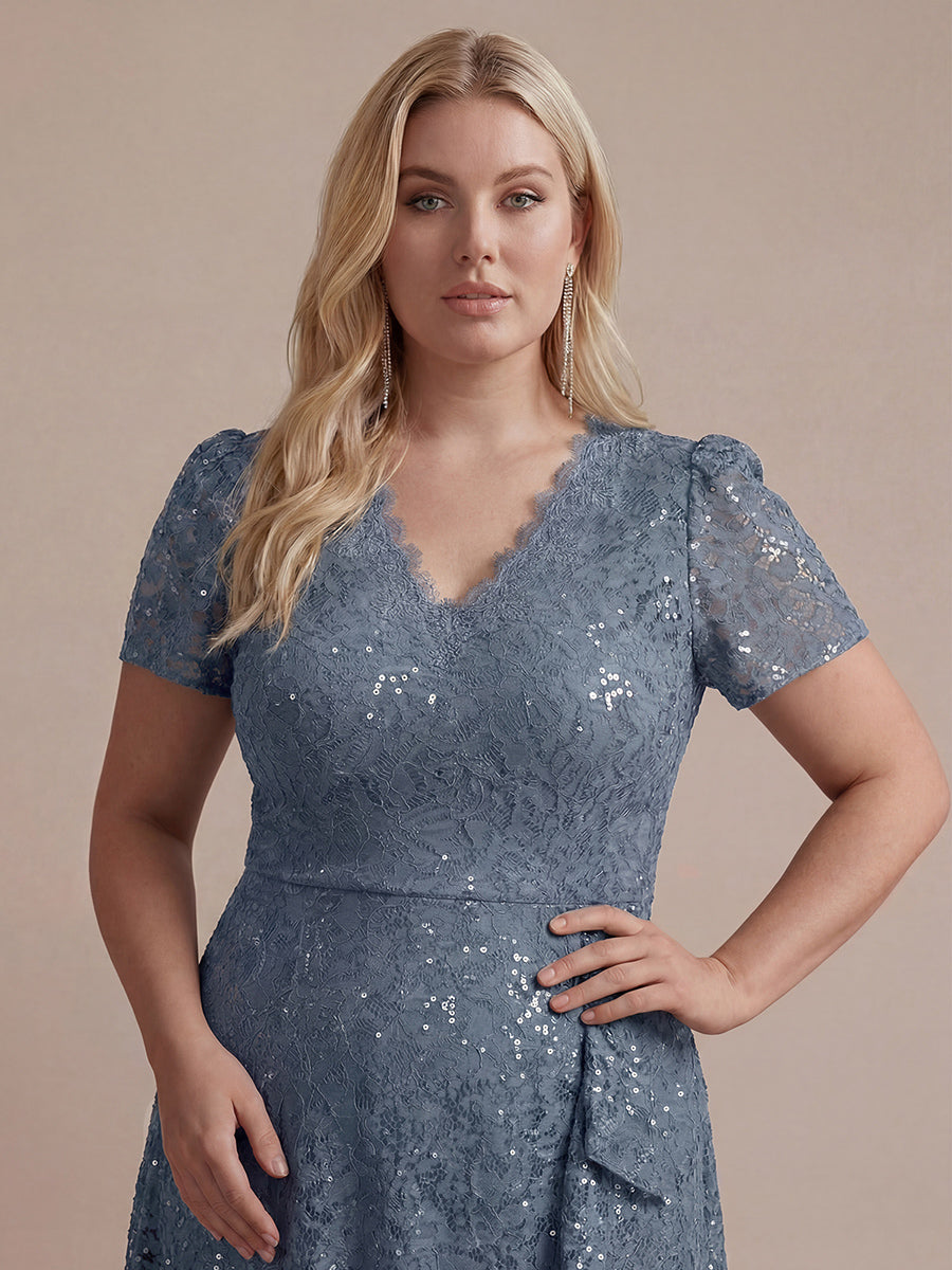 Plus Size Lace High Low Wedding Guest Dress #color_Dusty Blue
