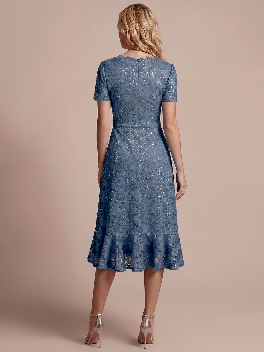 Sequin Lace Puff Sleeve Wedding Guest Dress #color_Dusty Blue