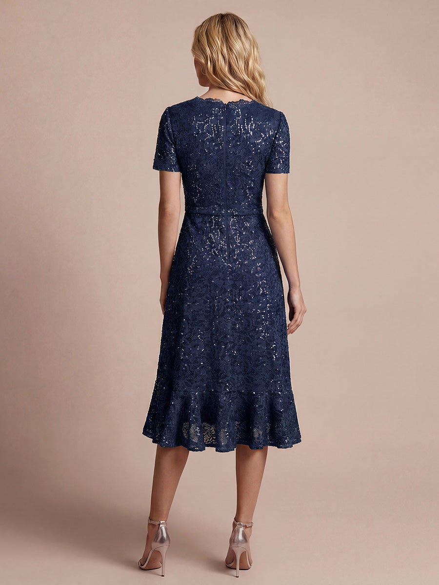 Sequin Lace Puff Sleeve Wedding Guest Dress #color_Navy Blue