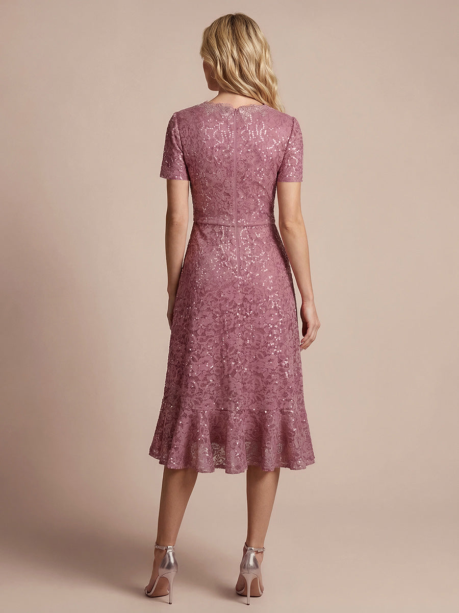 Sequin Lace Puff Sleeve Wedding Guest Dress #color_Purple Orchid