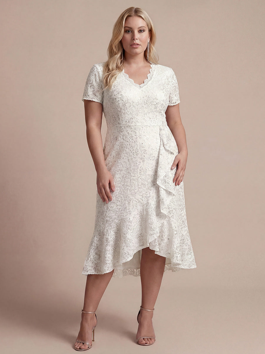 Sequin Lace Puff Sleeve Wedding Guest Dress #color_White