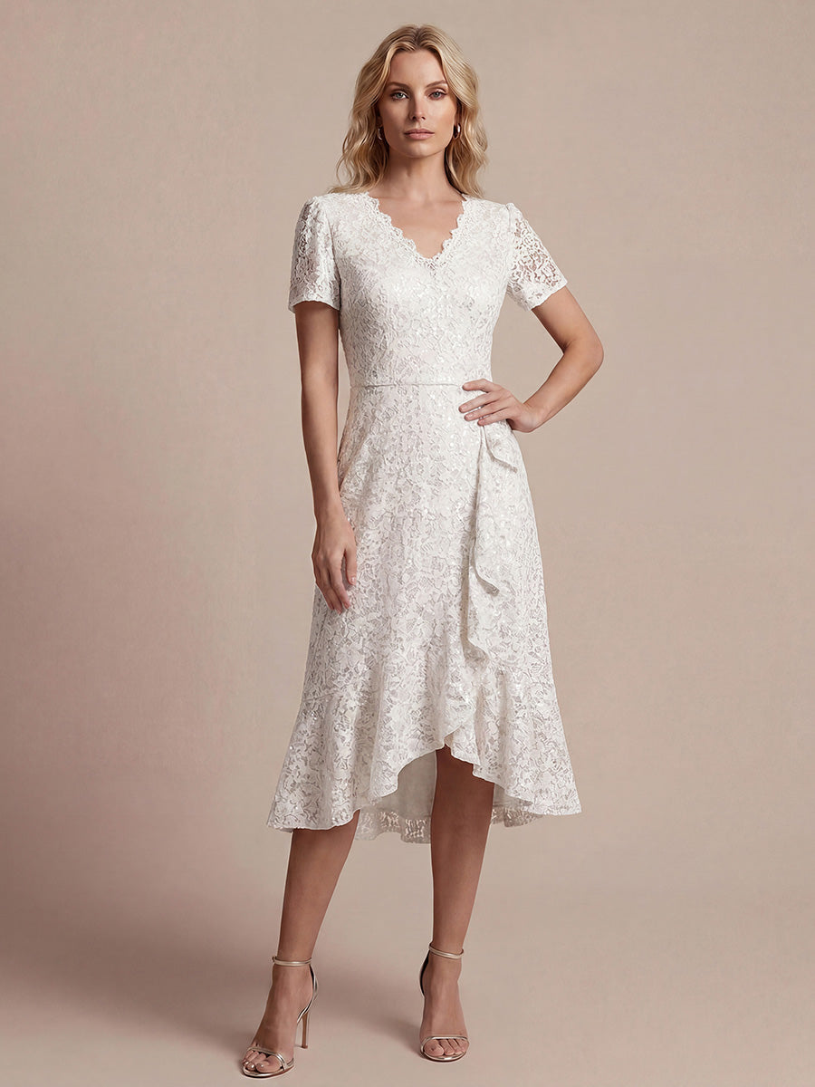 Sequin Lace Puff Sleeve Wedding Guest Dress #color_White