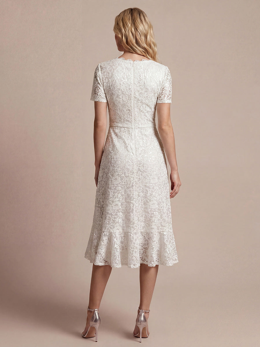 Sequin Lace Puff Sleeve Wedding Guest Dress #color_White