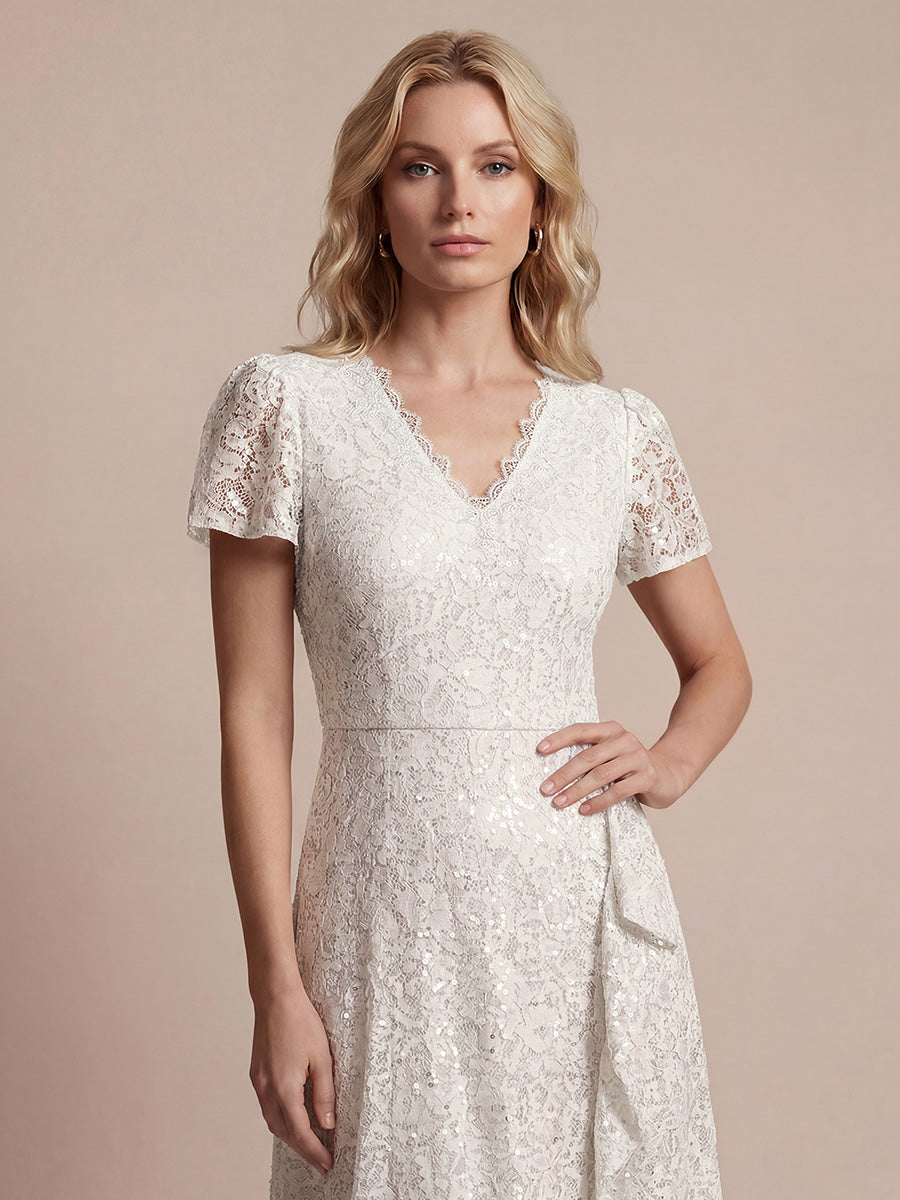Sequin Lace Puff Sleeve Wedding Guest Dress #color_White