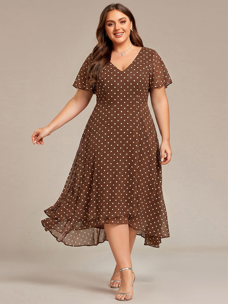 Flowing Chiffon V-Neck Ruffle Sleeves Bridesmaid Dress #color_Brown Polka Dots