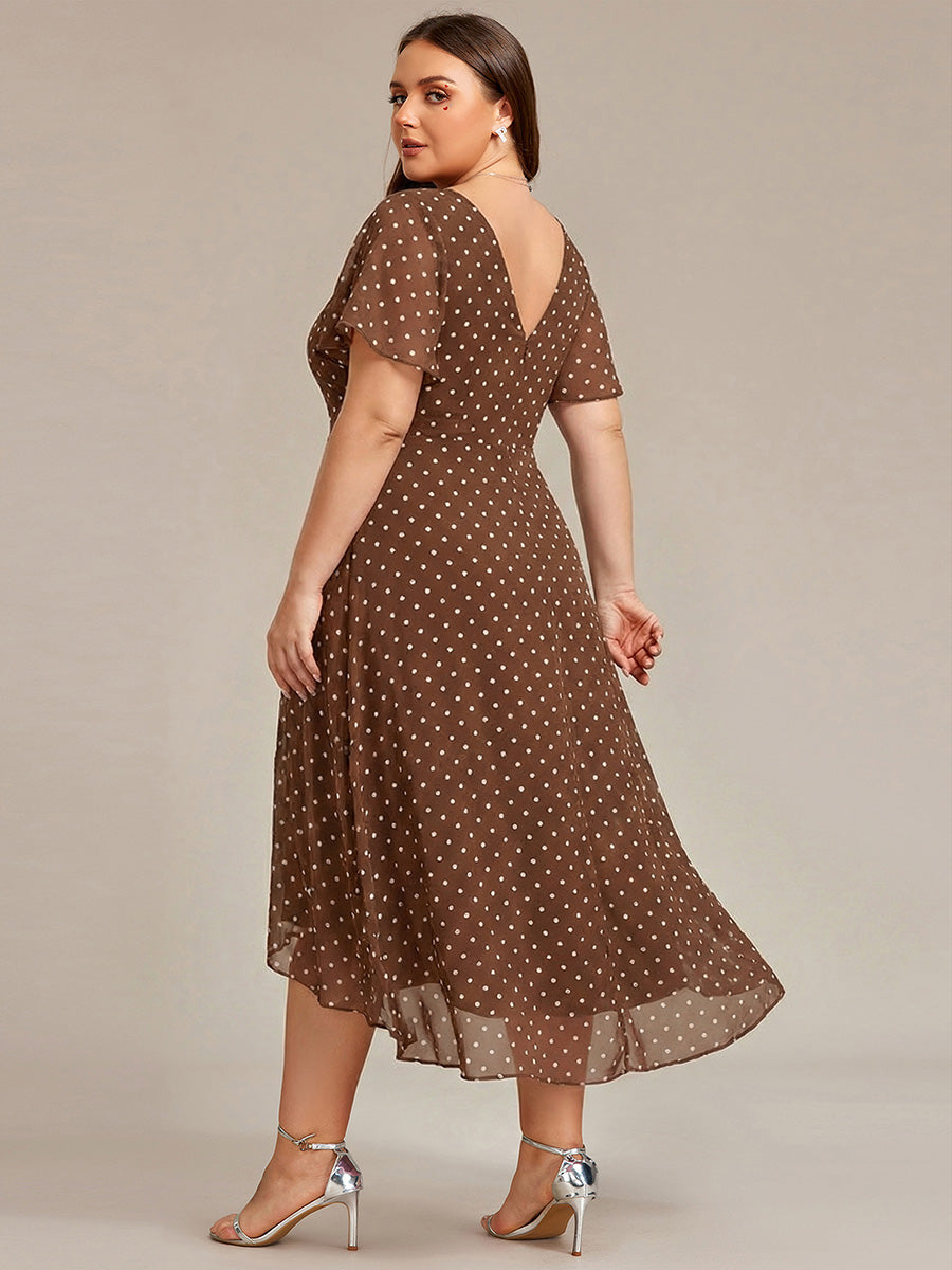 Plus Size Flowing Chiffon V-Neck Ruffle Sleeves Bridesmaid Dress #color_Brown Polka Dots