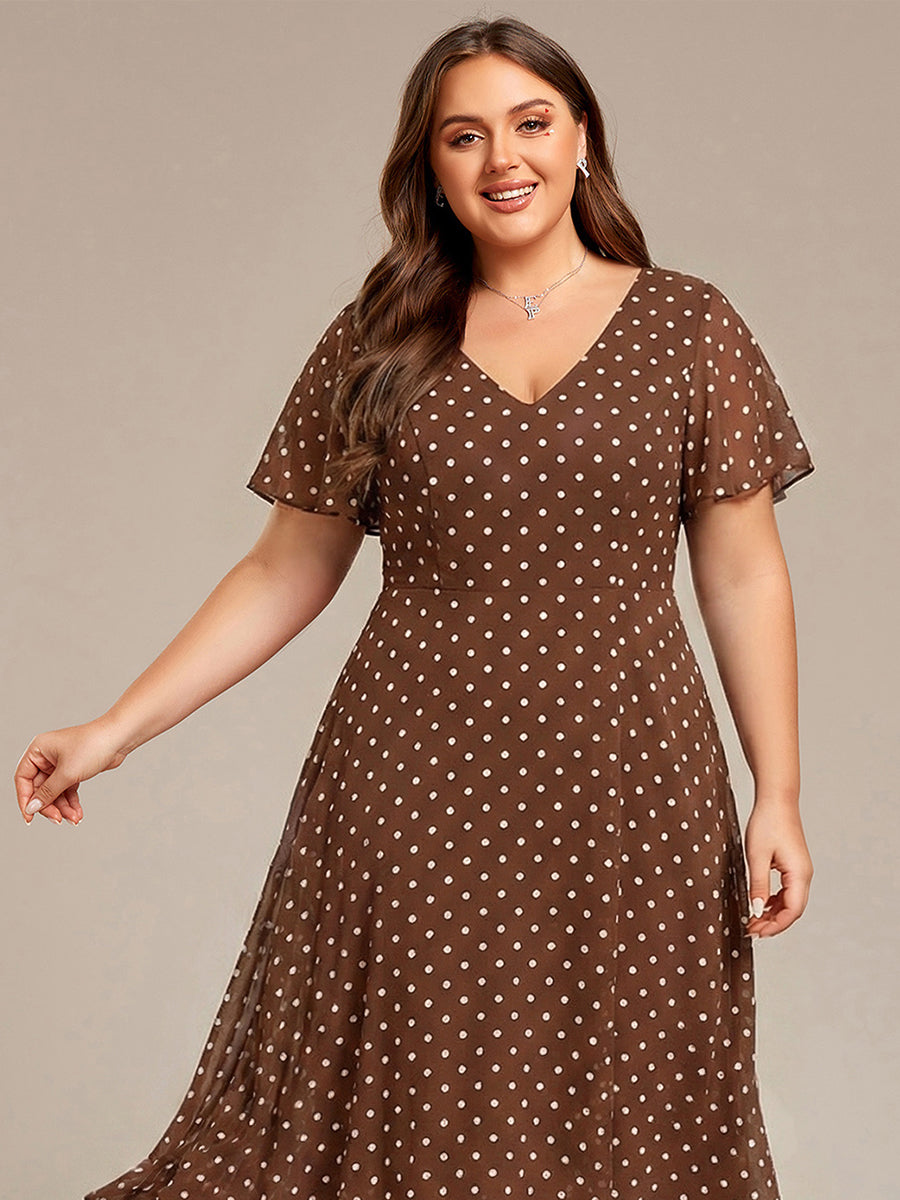 Plus Size Flowing Chiffon V-Neck Ruffle Sleeves Bridesmaid Dress #color_Brown Polka Dots