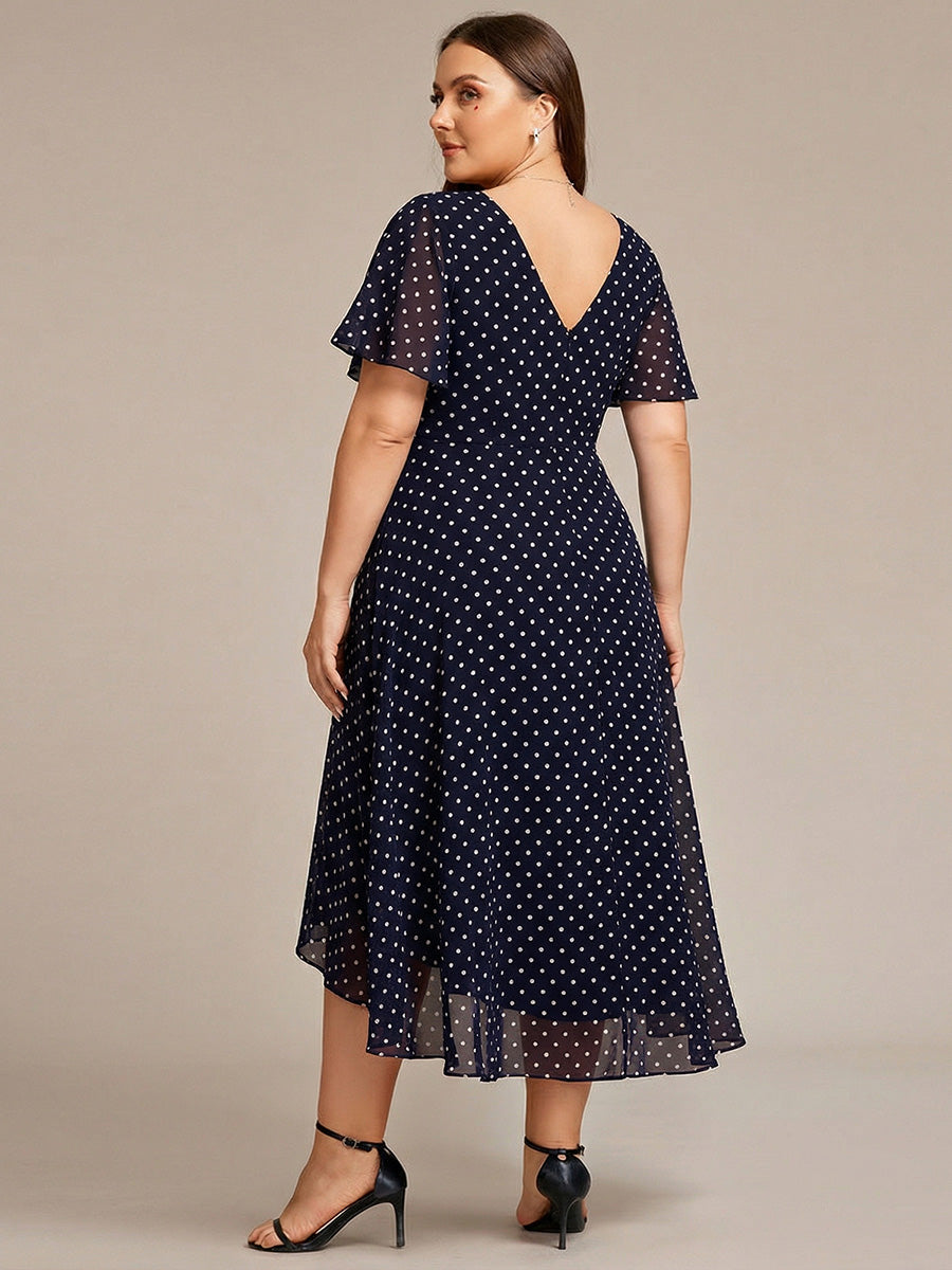 Plus Size Flowing Chiffon V-Neck Ruffle Sleeves Bridesmaid Dress #color_Navy Blue Polka Dots