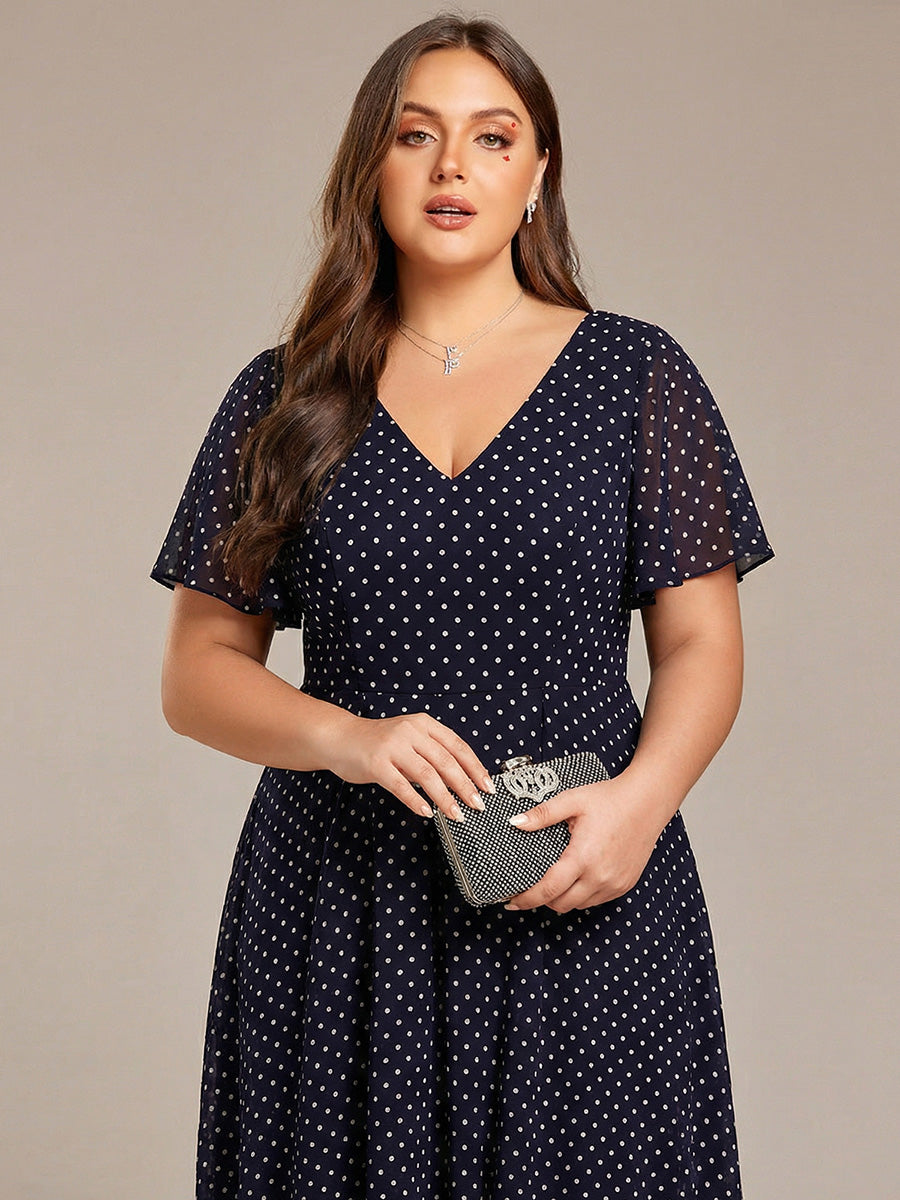 Plus Size Flowing Chiffon V-Neck Ruffle Sleeves Bridesmaid Dress #color_Navy Blue Polka Dots