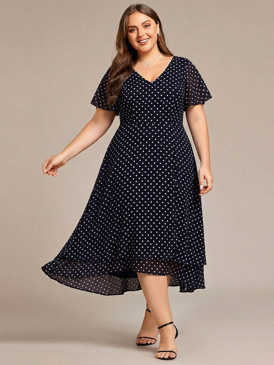 Plus Size Flowing Chiffon V-Neck Ruffle Sleeves Bridesmaid Dress #color_Navy Blue Polka Dots