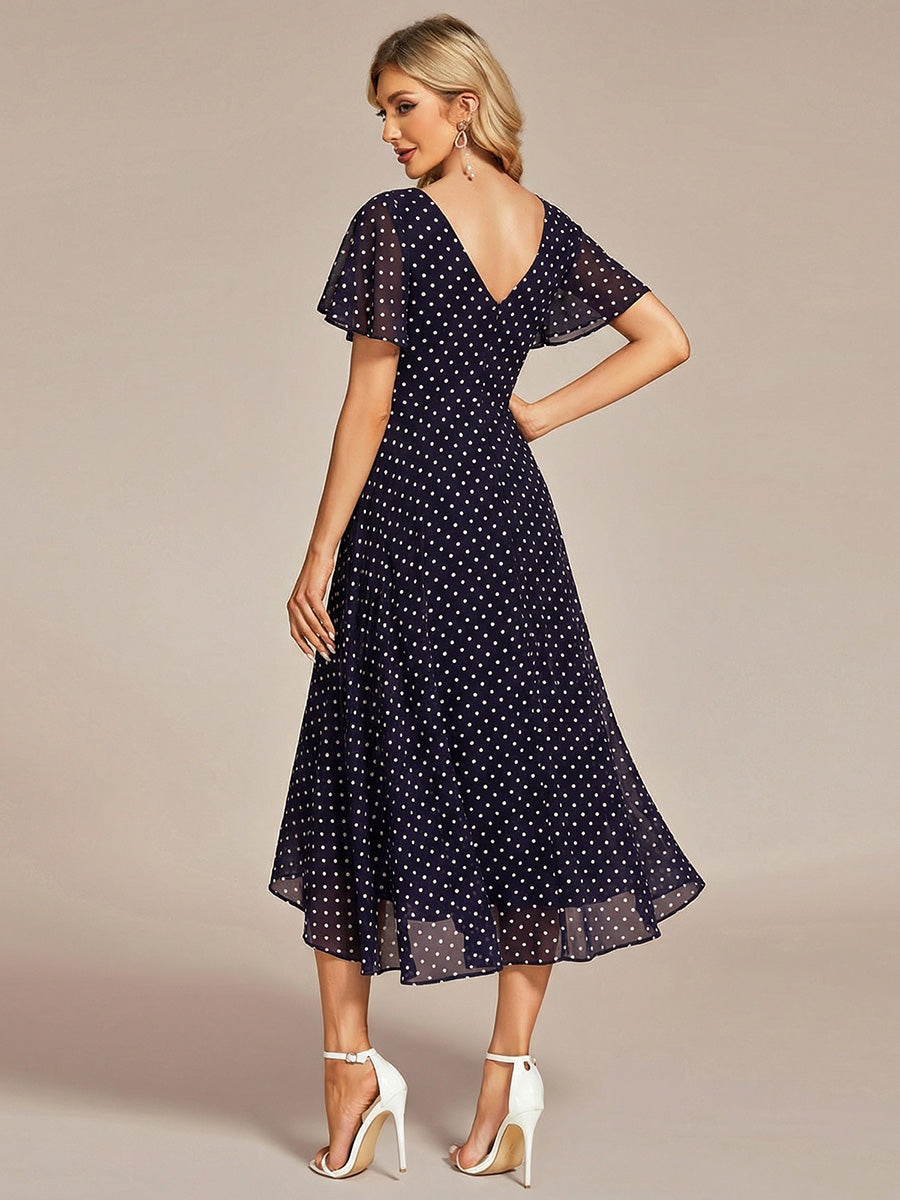 Flowing Chiffon V-Neck Ruffle Sleeves Bridesmaid Dress #color_Navy Blue Polka Dots