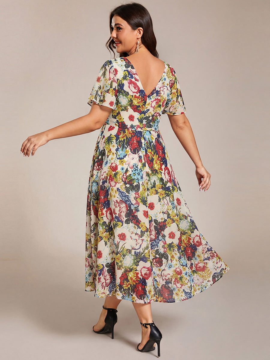 Chic V Neck Asymmetrical Hem Ruffles Sleeve Pleated Chiffon Wedding Guest Dress #color_Printed Cream