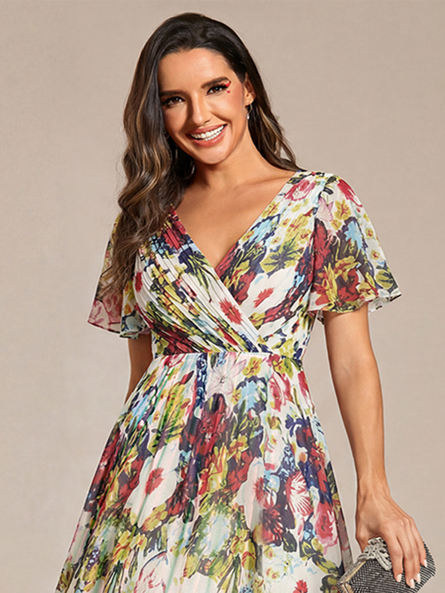 Chic V Neck Asymmetrical Hem Ruffles Sleeve Pleated Chiffon Wedding Guest Dress #color_Printed Cream