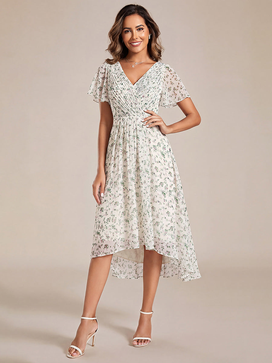 Chic V Neck Asymmetrical Hem Ruffles Sleeve Pleated Chiffon Wedding Guest Dress #color_White Floral