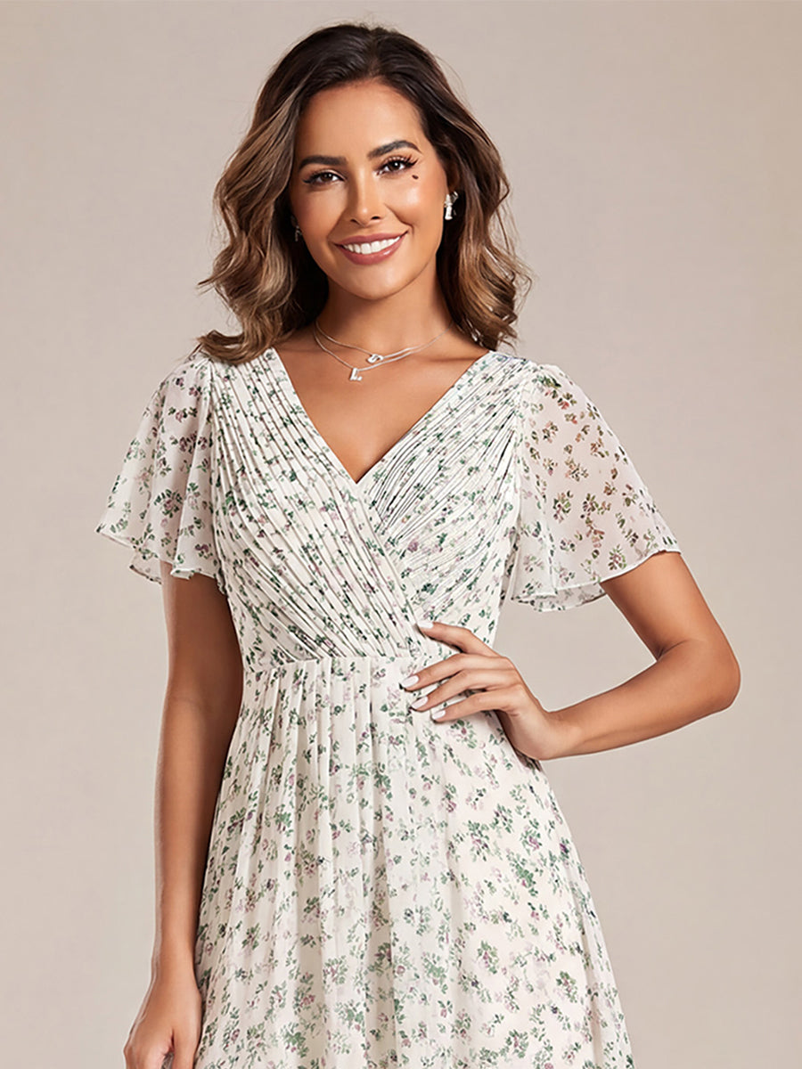 Chic V Neck Asymmetrical Hem Ruffles Sleeve Pleated Chiffon Wedding Guest Dress #color_White Floral