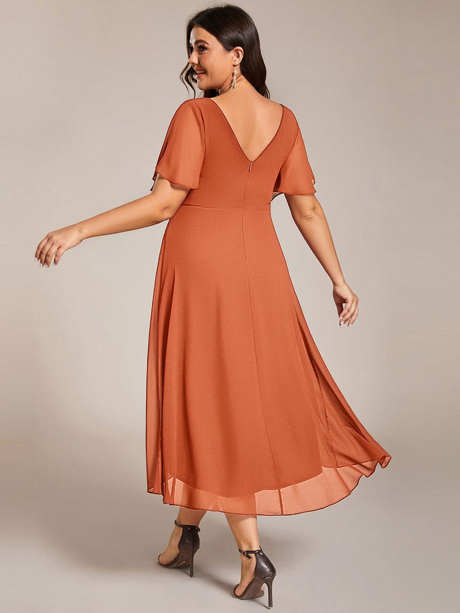 Elegant V-Neck Flowy High-Low Short Sleeve Wedding Guest Dress #color_Brandied Melon