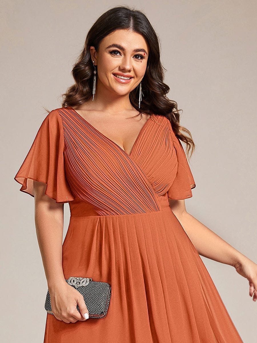 Elegant V-Neck Flowy High-Low Short Sleeve Wedding Guest Dress #color_Brandied Melon