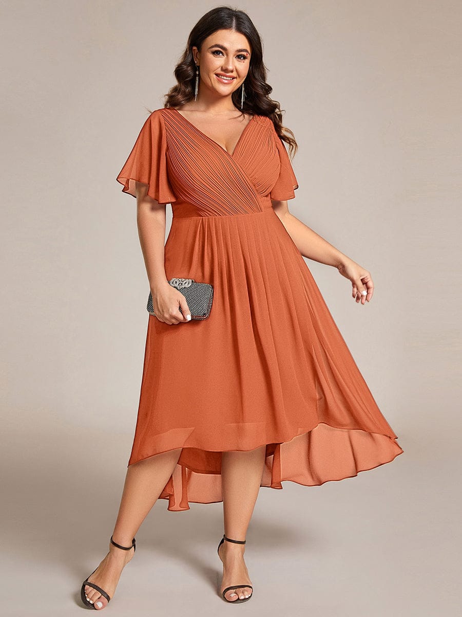 Chic V Neck Asymmetrical Hem Ruffles Sleeve Pleated Chiffon Wedding Guest Dress #color_Brandied Melon