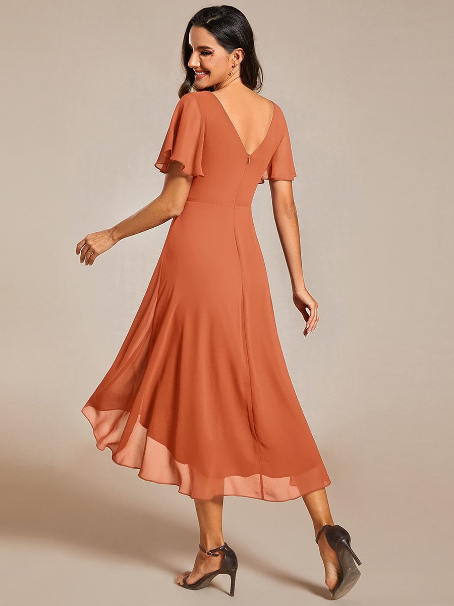 Chic V Neck Asymmetrical Hem Ruffles Sleeve Pleated Chiffon Wedding Guest Dress #color_Brandied Melon