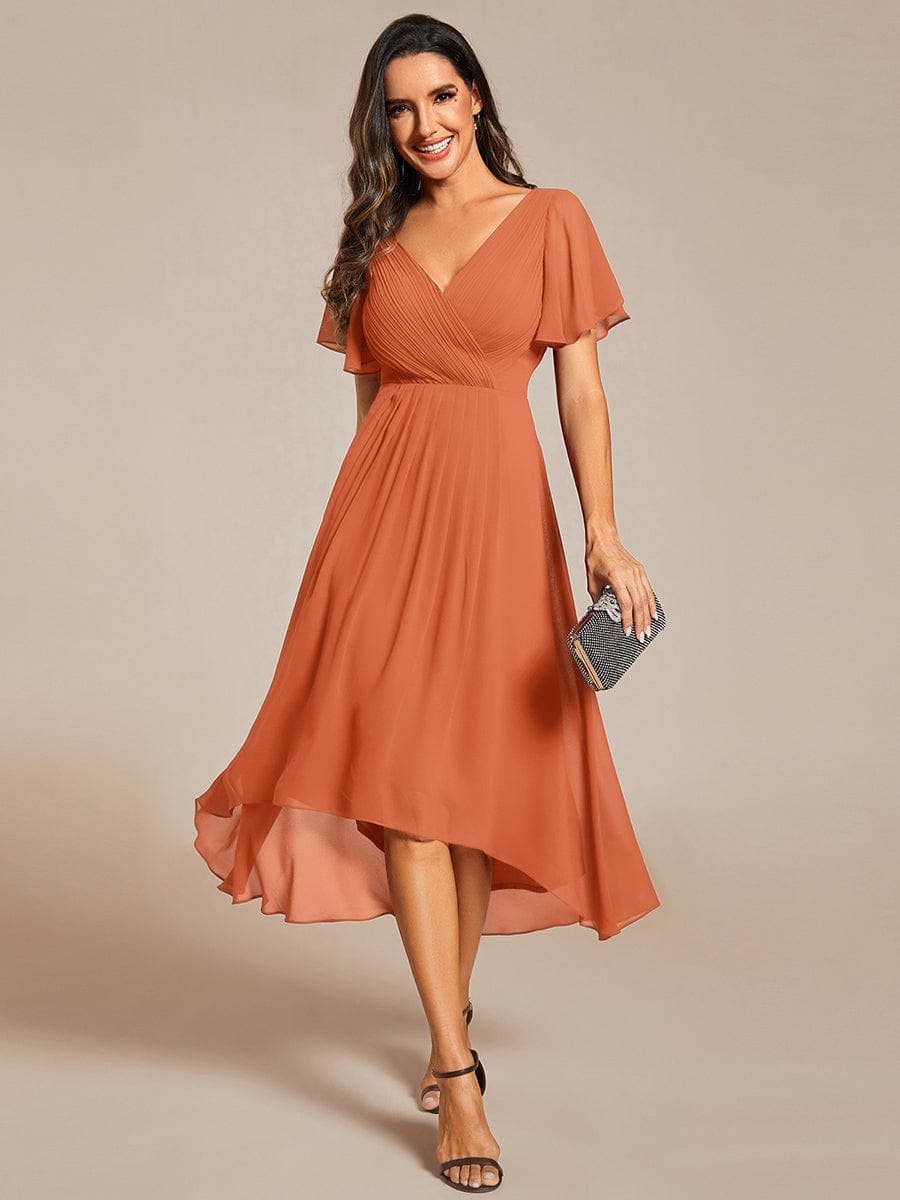 Chic V Neck Asymmetrical Hem Ruffles Sleeve Pleated Chiffon Wedding Guest Dress #color_Brandied Melon