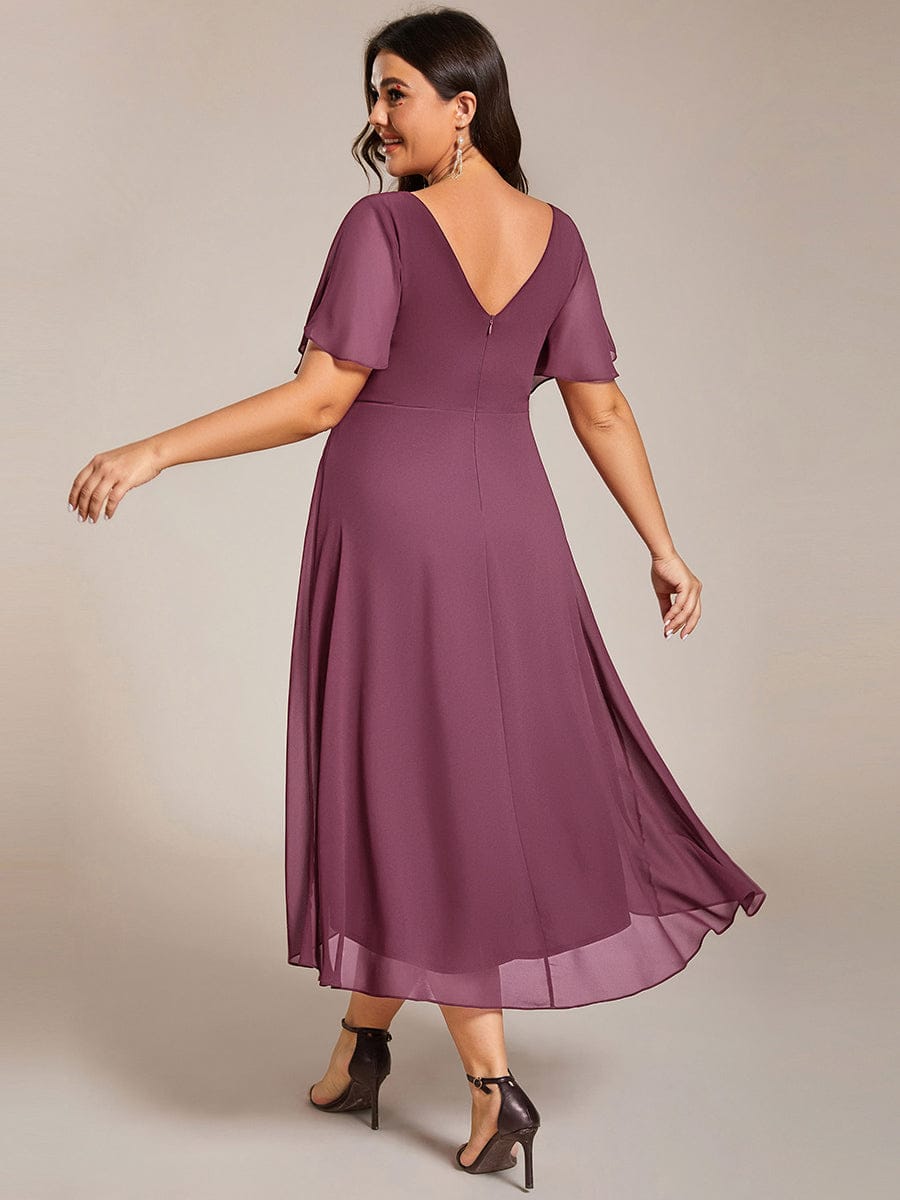Chic V Neck Asymmetrical Hem Ruffles Sleeve Pleated Chiffon Wedding Guest Dress #color_Damson