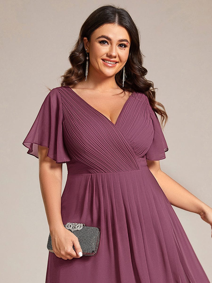 Elegant V-Neck Flowy High-Low Short Sleeve Wedding Guest Dress #color_Damson