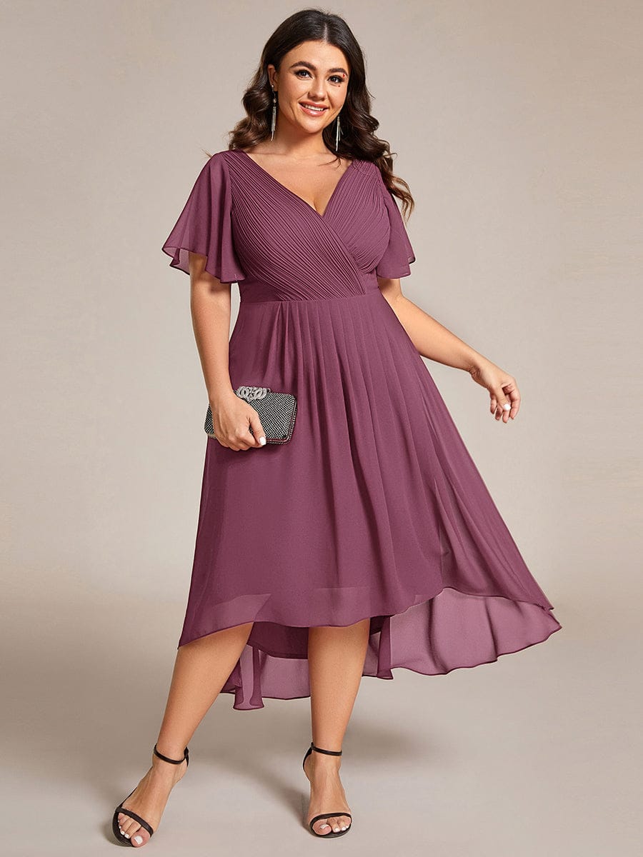 Plus Size Double V-Neck Ruffles Sleeve Chiffon Midi Wedding Guest Dress #color_Damson