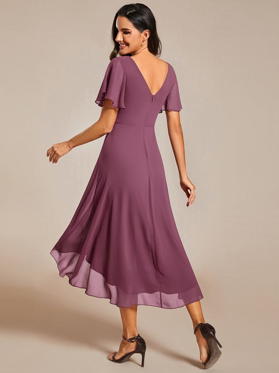 Chic V Neck Asymmetrical Hem Ruffles Sleeve Pleated Chiffon Wedding Guest Dress #color_Damson