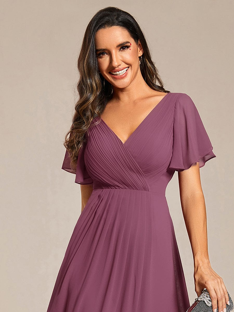 Chic V Neck Asymmetrical Hem Ruffles Sleeve Pleated Chiffon Wedding Guest Dress #color_Damson