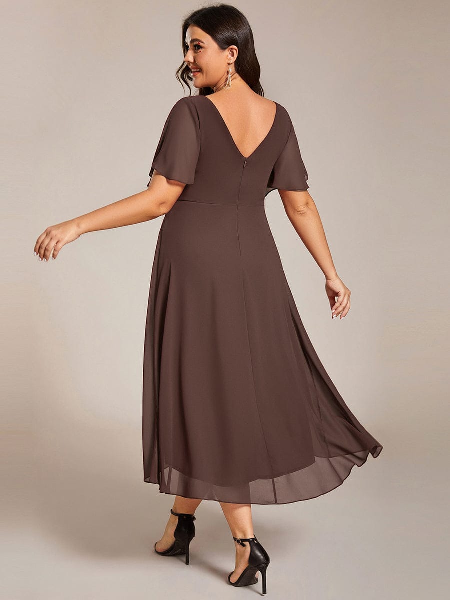 Chic V Neck Asymmetrical Hem Ruffles Sleeve Pleated Chiffon Wedding Guest Dress #color_Espresso