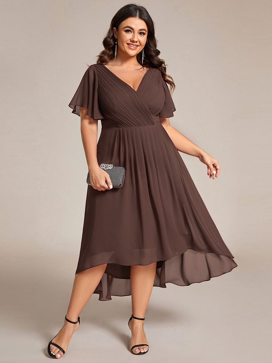 Chic V Neck Asymmetrical Hem Ruffles Sleeve Pleated Chiffon Wedding Guest Dress #color_Espresso