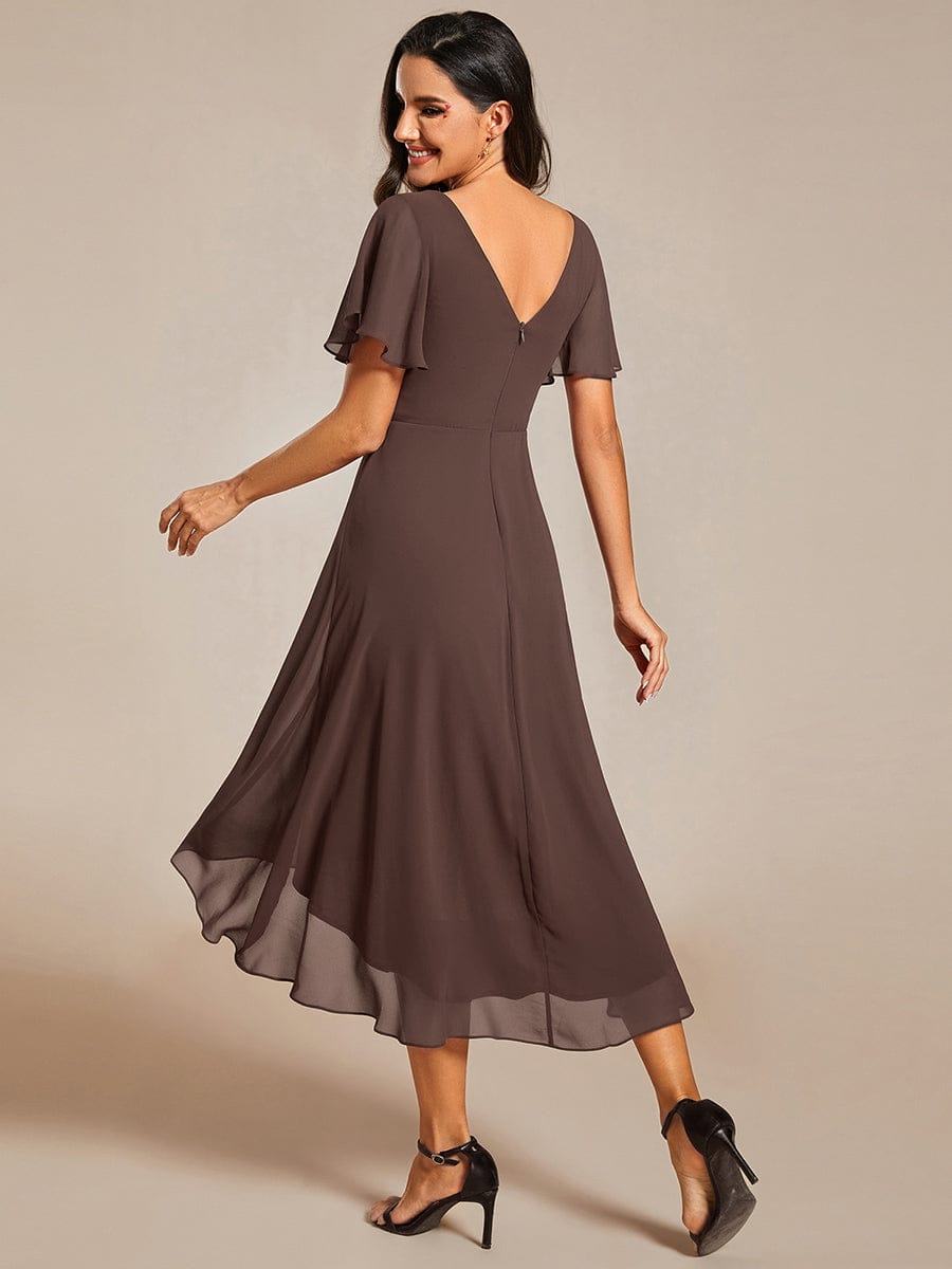 Chic V Neck Asymmetrical Hem Ruffles Sleeve Pleated Chiffon Wedding Guest Dress #color_Espresso
