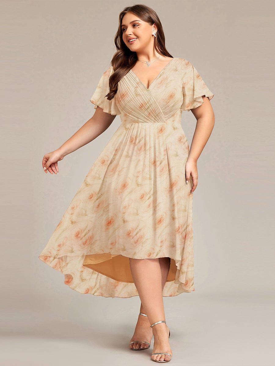 Elegant V-Neck Flowy High-Low Short Sleeve Wedding Guest Dress #color_Golden Roses