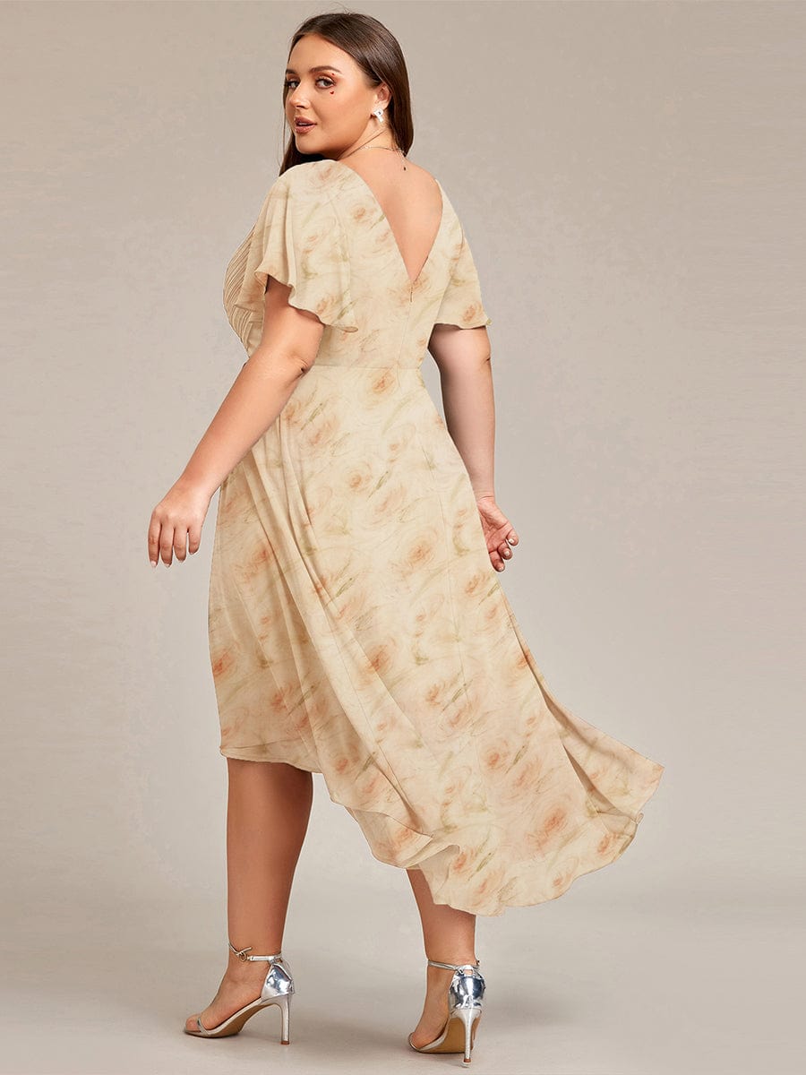 Elegant V-Neck Flowy High-Low Short Sleeve Wedding Guest Dress #color_Golden Roses