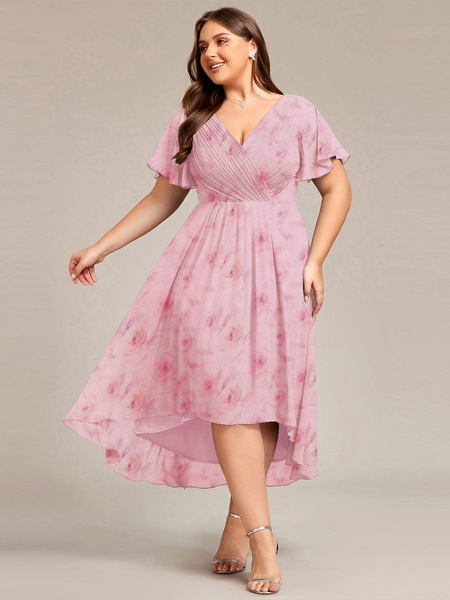 Elegant V-Neck Flowy High-Low Short Sleeve Wedding Guest Dress #color_Light Purple Roses