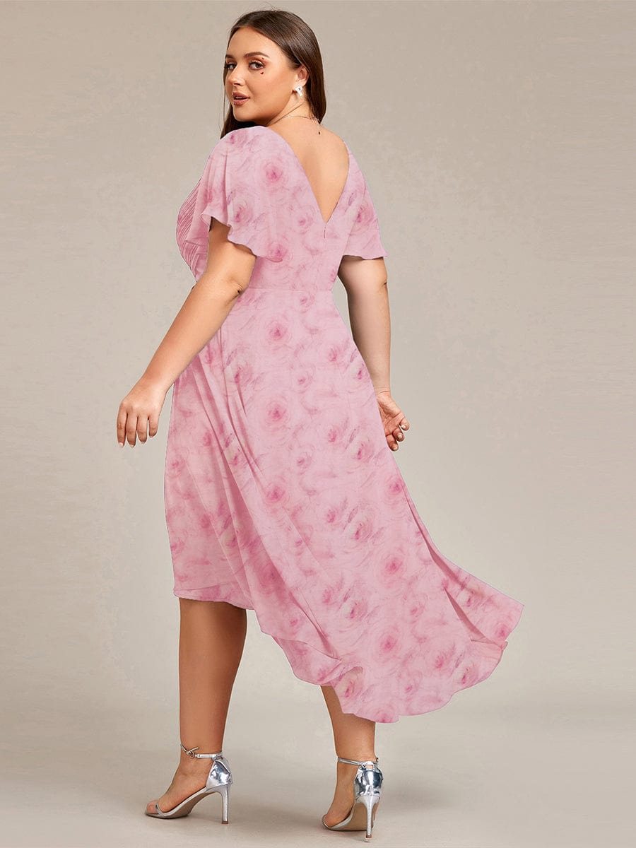 Elegant V-Neck Flowy High-Low Short Sleeve Wedding Guest Dress #color_Light Purple Roses