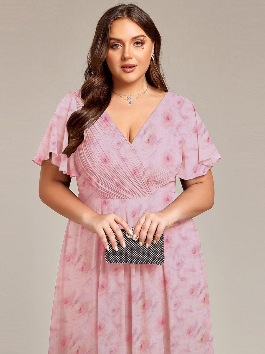 Elegant V-Neck Flowy High-Low Short Sleeve Wedding Guest Dress #color_Light Purple Roses