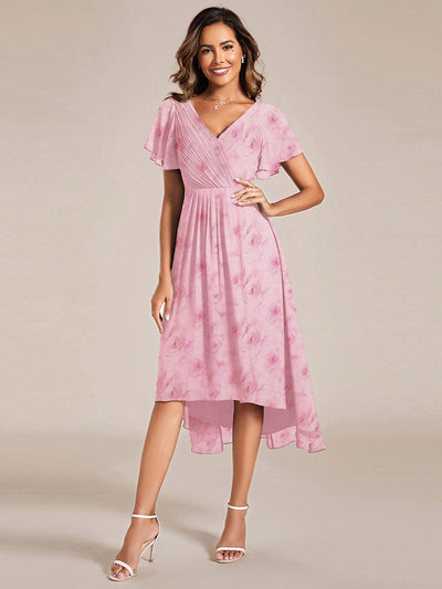 ever FAYE|Elegant V-Neck Flowy High-Low Short Sleeve Wedding Guest Dress
