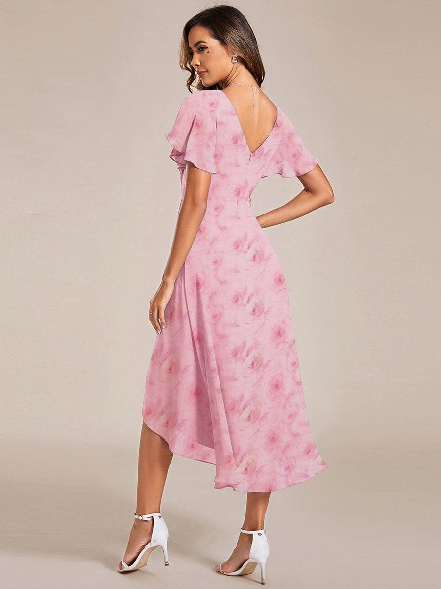 Elegant V-Neck Flowy High-Low Short Sleeve Wedding Guest Dress #color_Light Purple Roses