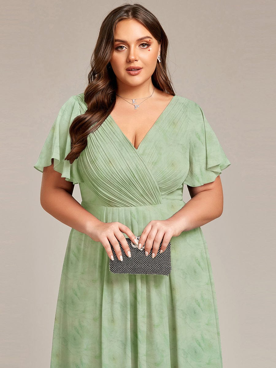 Elegant V-Neck Flowy High-Low Short Sleeve Wedding Guest Dress #color_Light Green Roses