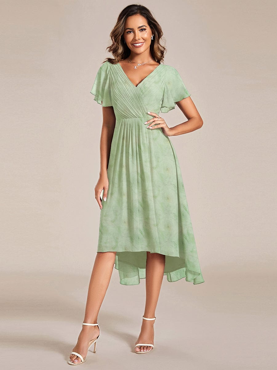 Elegant V-Neck Flowy High-Low Short Sleeve Wedding Guest Dress #color_Light Green Roses