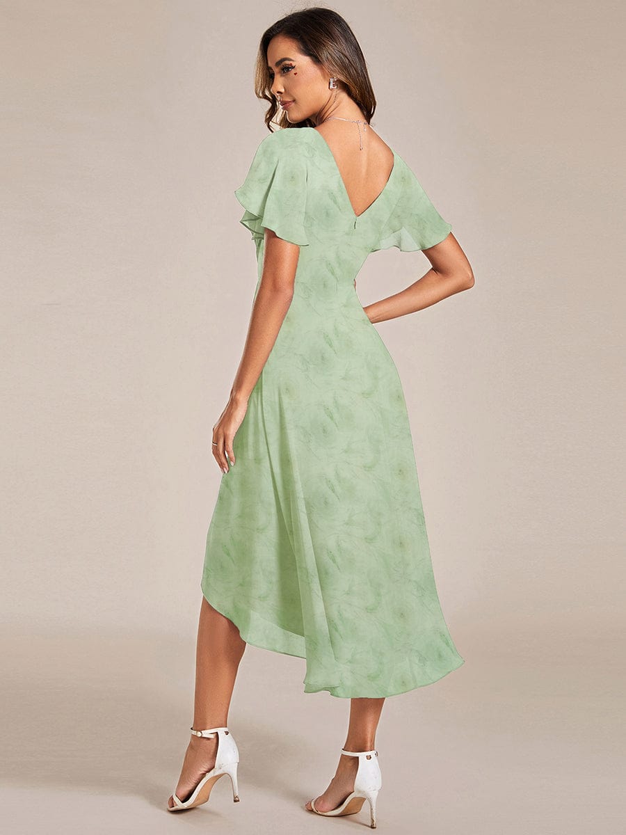 Elegant V-Neck Flowy High-Low Short Sleeve Wedding Guest Dress #color_Light Green Roses