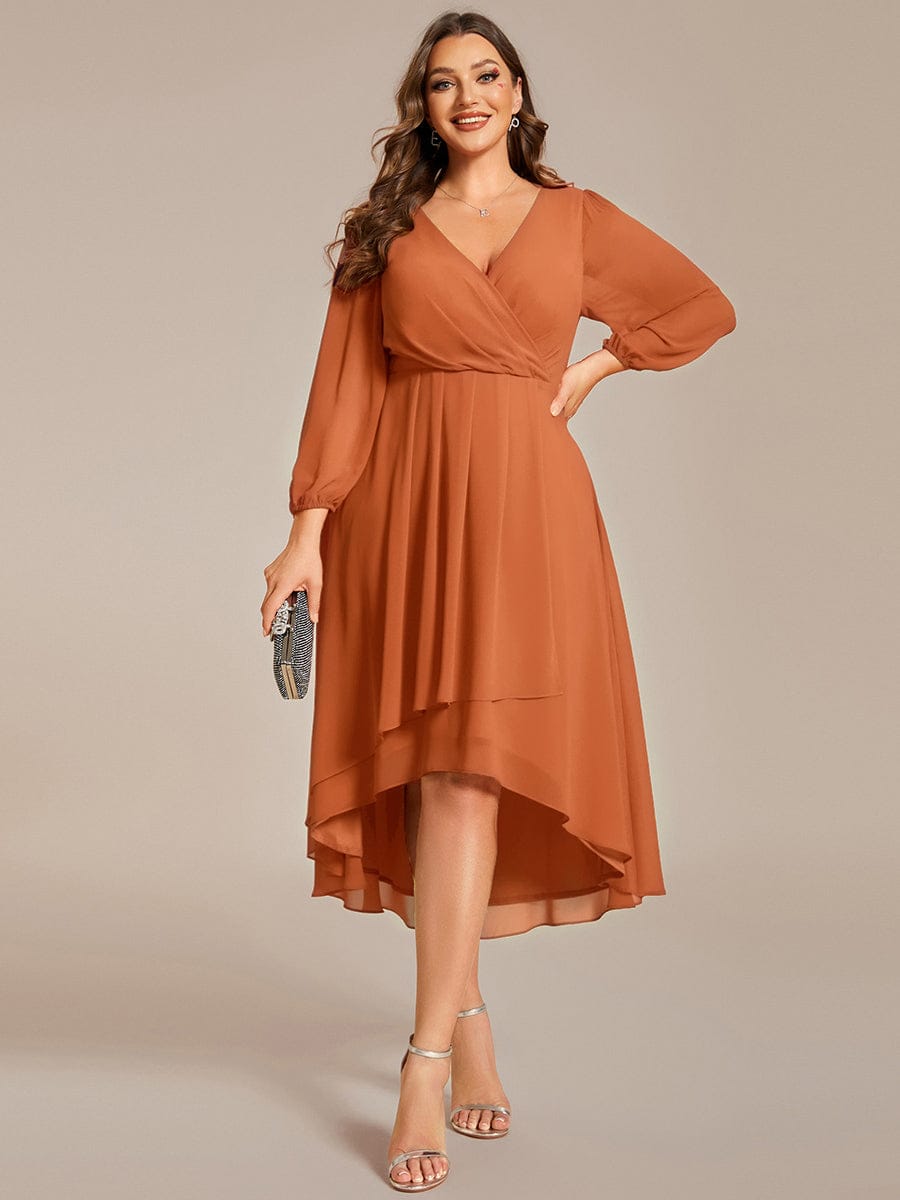 Plus Size Chiffon A-Line Long Sleeves Asymmetrical Hem Wedding Guest Dress #color_Brandied Melon