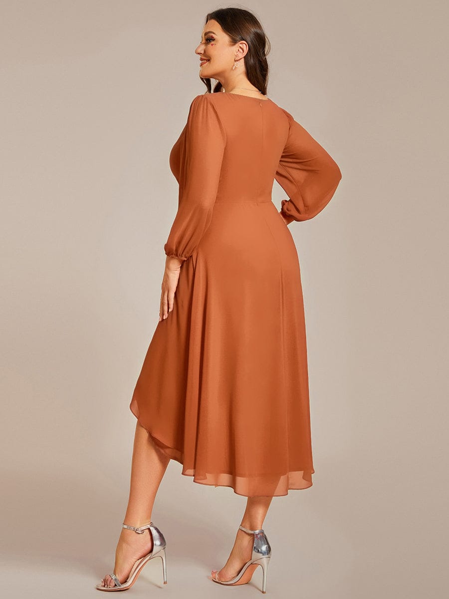 Plus Size Chiffon A-Line Long Sleeves Asymmetrical Hem Wedding Guest Dress #color_Brandied Melon