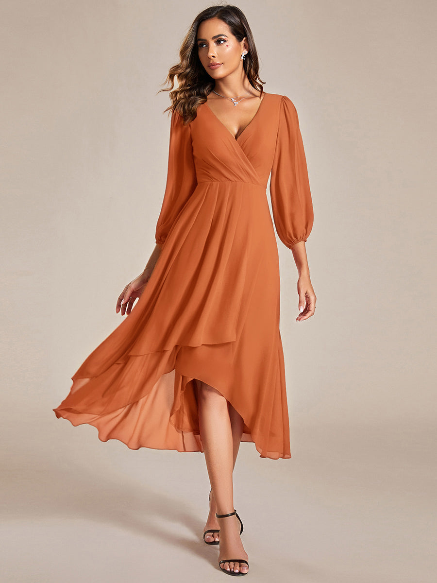 See-Through Long Sleeves V-Neck A-Line Chiffon Wedding Guest Dress #color_Brandied Melon