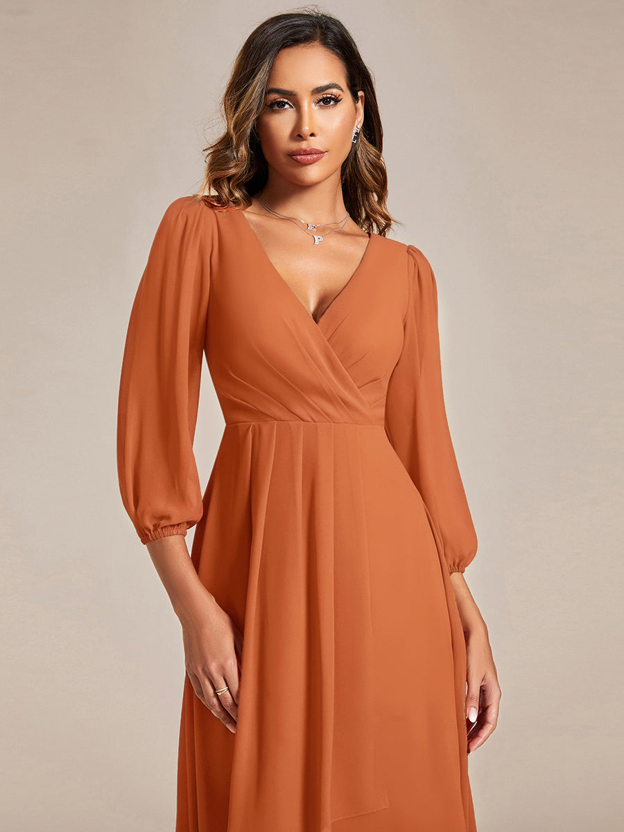 See-Through Long Sleeves V-Neck A-Line Chiffon Wedding Guest Dress #color_Brandied Melon
