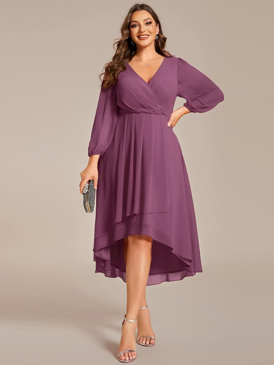 Plus Size Chiffon A-Line Long Sleeves Asymmetrical Hem Wedding Guest Dress #color_Damson