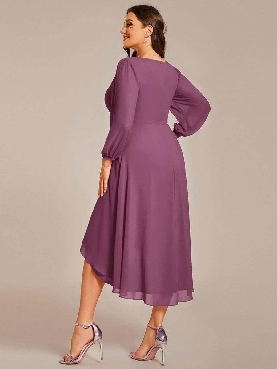 Plus Size Chiffon A-Line Long Sleeves Asymmetrical Hem Wedding Guest Dress #color_Damson