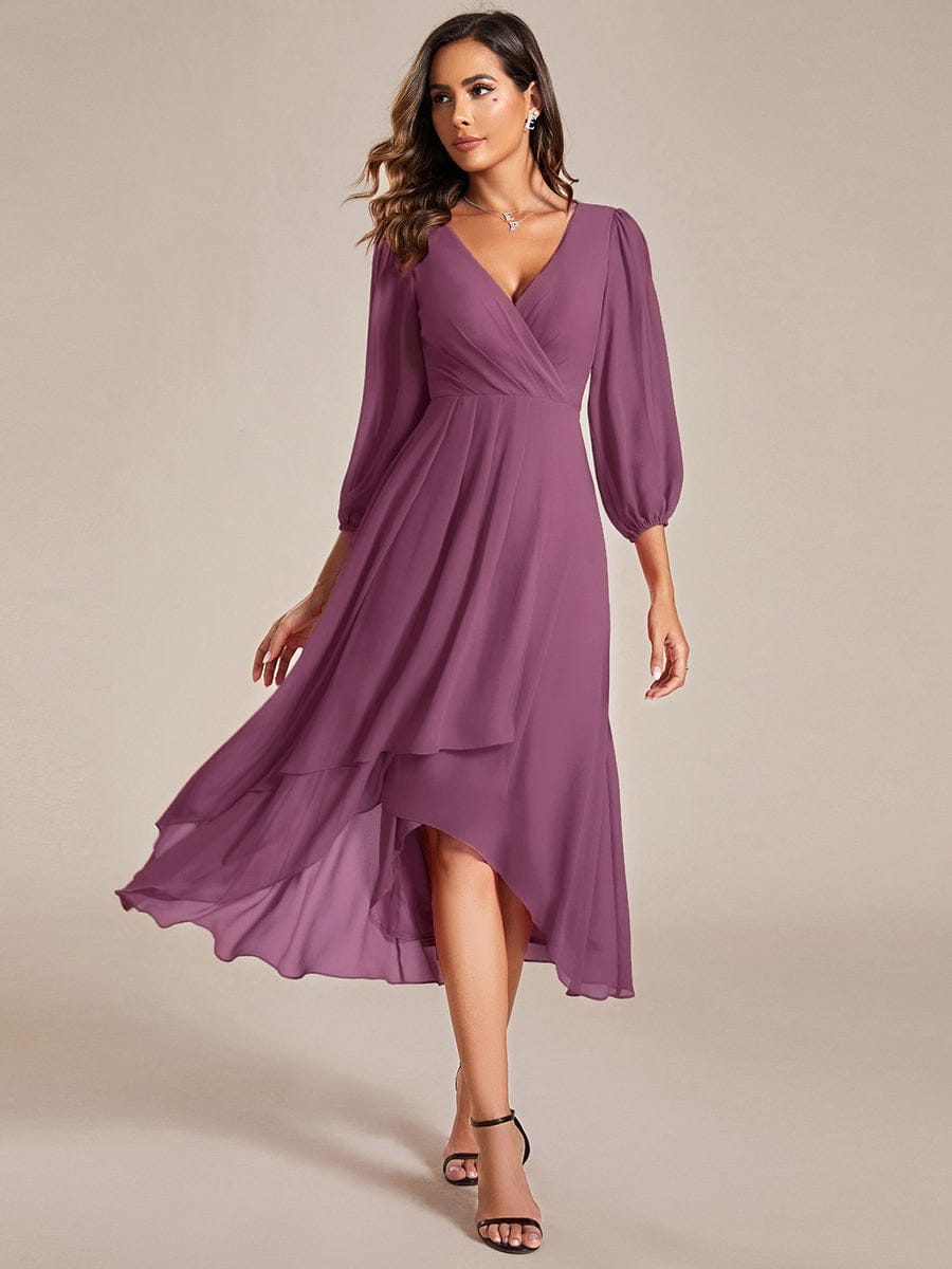 See-Through Long Sleeves V-Neck A-Line Chiffon Wedding Guest Dress #color_Damson